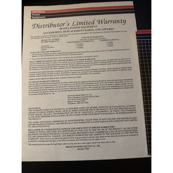 Honda HR215SXA, 215HXA, 215HMA Rotary Mower Owners Manual Warranty - Picture 9 of 10